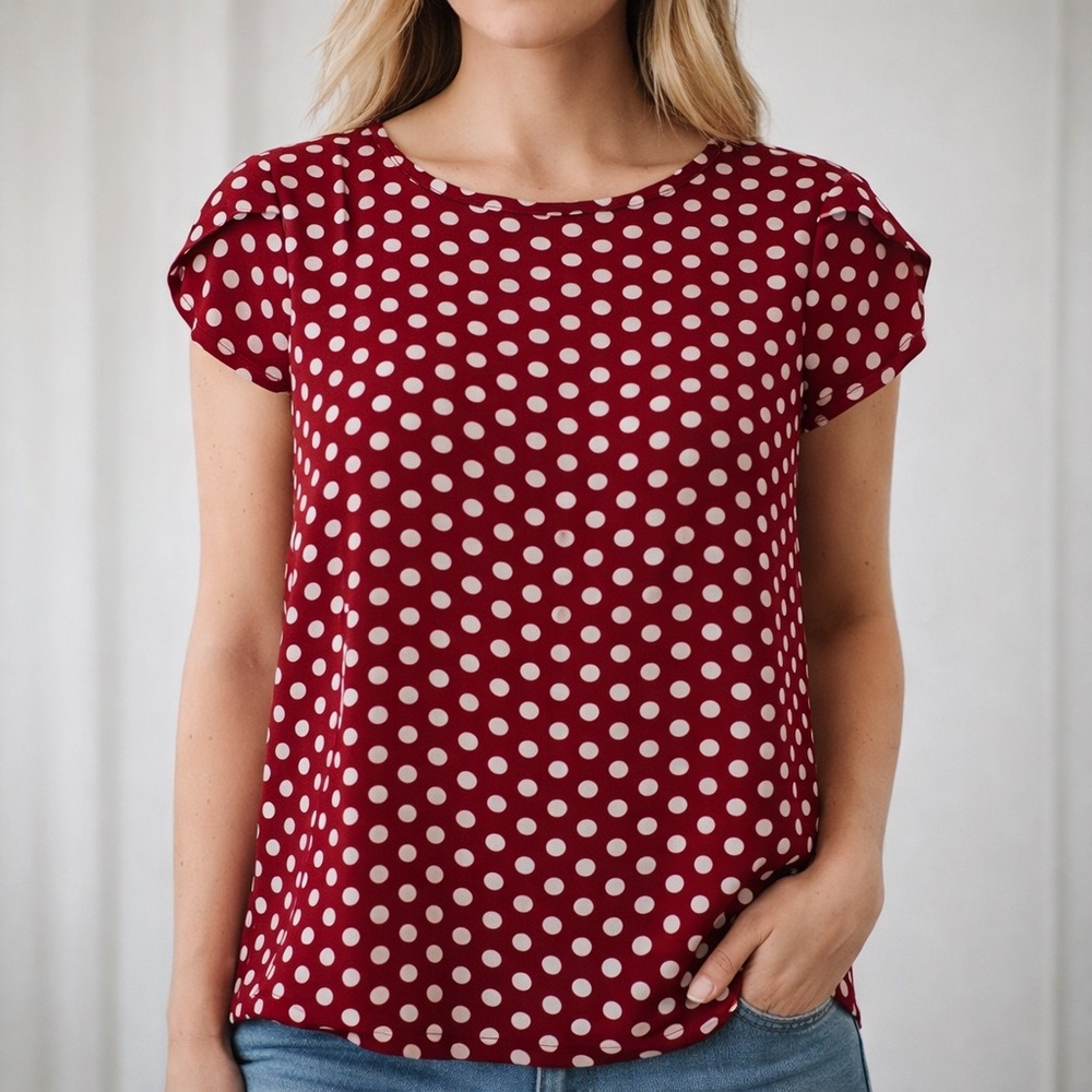 Polka Dot Red & White Short Sleeve Blouse - Size: Small